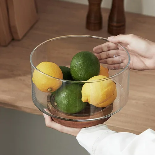 Vista 6 de Decoración del hogar, cuenco de frutas de vidrio con base de madera, cuenco de ensalada de cocina, tazón de mezcla de salsa, plato de inmersión