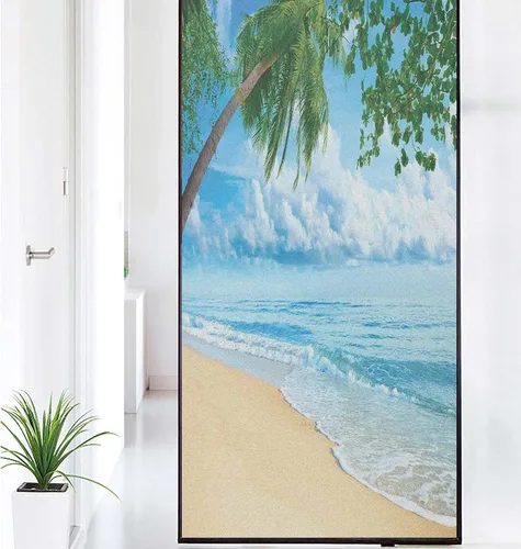 Vista 27 de Película decorativa de privacidad para ventana, control de calor, bloqueo solar, protección UV, diseño abstracto oceánico, adherencia estática Azul