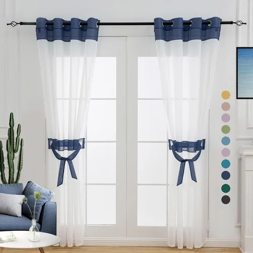Vista 20 de L.Z.E - Cortinas transparentes blancas y negras de 63 pulgadas de largo, 2 paneles para sala de estar, cortinas elegantes y modernas transparentes