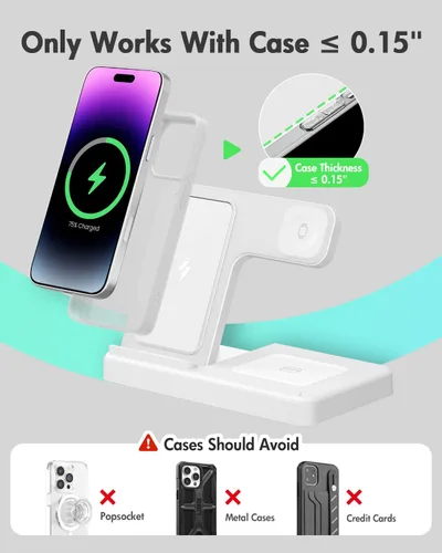 Vista 3 de Estación de carga del cargador inalámbrico: Soporte de cargador 3 en 1, múltiples dispositivos para Apple - iPhone 17 16e 16 15 14 Pro Max 13 12 11