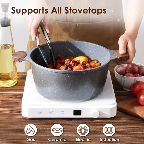 Vista 5 de SENSARTE Olla de cocina antiadherente con tapa, olla de 4.5 cuartos de galón con tapa de vidrio templado, olla de guisos con revestimiento de Gris