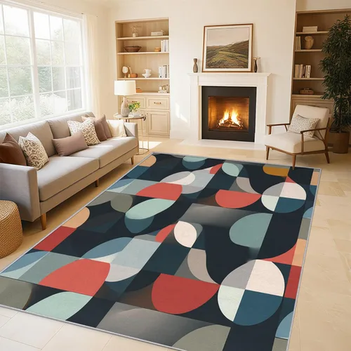 Vista 2 de Mid Century Rug for Bedroom Decor, Geometry Semicircle Area Rugs 2x3 Ft, Mid Century Modern Carpet for Living Room Study Room, Non Slip Low Pile