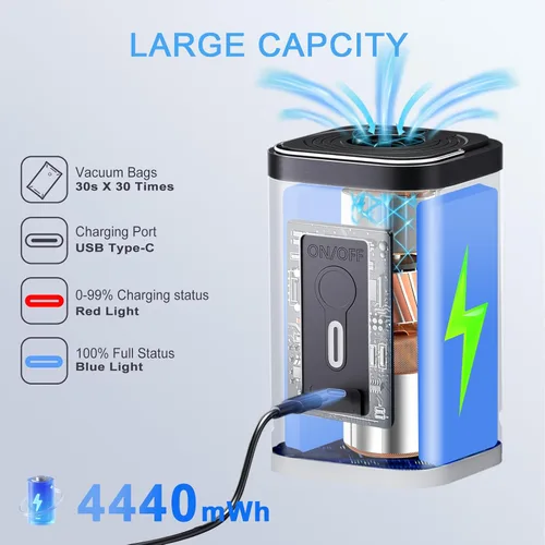 Vista 6 de Bomba portátil para bolsas de almacenamiento al vacío, bomba de vacío eléctrica de viaje para varias bolsas de sellado al vacío, bomba de aire