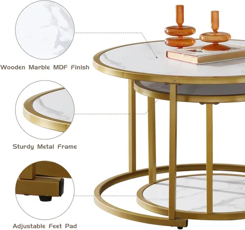 Vista 3 de Mesa auxiliar redonda para sala de estar, juego de 2 mesas anidables de mármol con parte superior de madera de mármol y marco de metal, marco dorado