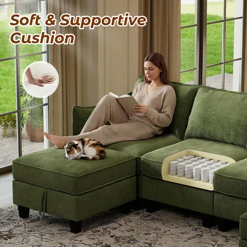 Vista 5 de Sofá modular modular en forma de U de 112 pulgadas con otomana de almacenamiento y funda de cojín lavable para sala de estar, dormitorio Verde