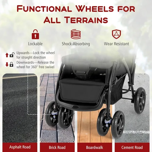 Vista 6 de HONEY JOY Cochecito doble, plegable y ligero para bebés gemelos con asientos en tándem, arnés de 5 puntos, asiento reclinable, canastilla