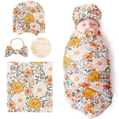 Vista 21 de DRESHOW BQUBO - Conjunto de gorro de algodón para bebé, manta para recién nacido, con orejas de oso, tarjeta de anuncio de nacimiento de madera