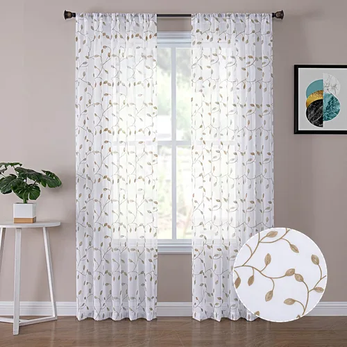 Vista 9 de Cortinas Tollpiz translúcidas, con diseño de hojas bordadas, para dormitorio, de lino sintético, para sala de estar, juego de 2 paneles