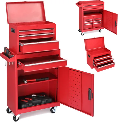 Winado Cofre de herramientas con 4 cajones y ruedas con cerradura, caja de herramientas con gabinete de almacenamiento grande y estante ajustable,