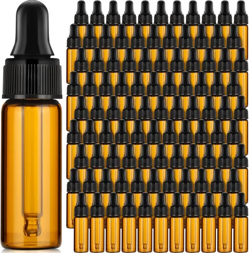 Bokon 100 piezas de botellas de vidrio con cuentagotas, mini botellas cuentagotas de aceite esencial, frascos de muestra vacíos con tapa negra,