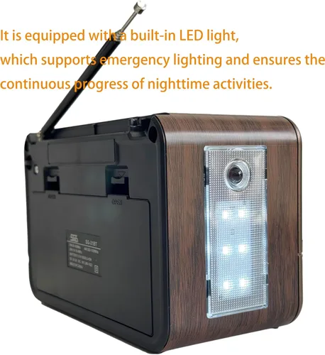 Vista 2 de Radio portátil retro AM/FM con reproductor de MP3, batería recargable, luz LED, diseño de grano de madera