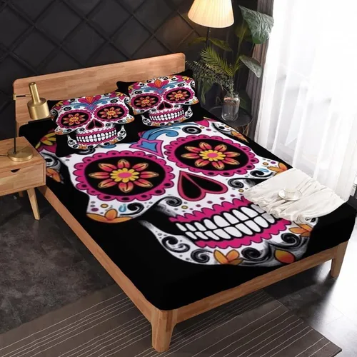 Vista 2 de Juego de sábanas de calavera de azúcar tamaño individual, sábanas de microfibra suave y bolsillo profundo y sábanas y fundas de almohada, 1 sábana