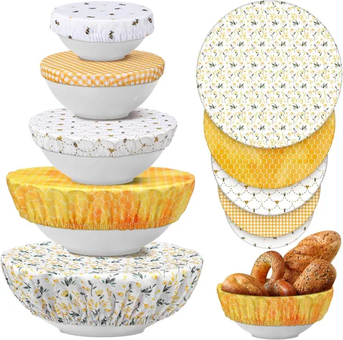 Vista 30 de Patelai 10 fundas reutilizables para tazones en 5 tamaños, tela elástica, fundas elásticas para tazones de almacenamiento de alimentos, tapas