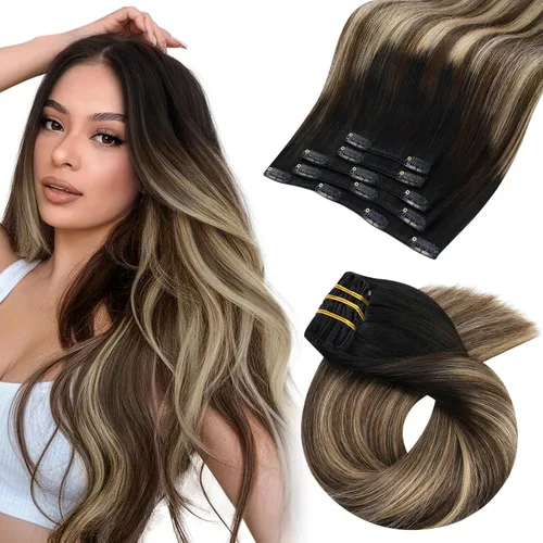 Vista 88 de Moresoo Extensiones de cabello humano con clip, balayage, color marrón oscuro a marrón dorado con clip, extensiones de cabello humano con clip, 5