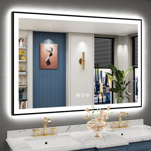 Vista 50 de Espejo de baño LED de 48 x 30 pulgadas con luces, retroiluminado + frontal iluminado, espejo de tocador con luz antiniebla para pared de baño con 3