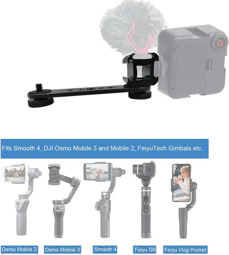 Vista 2 de Soporte triple de zapata fría, soporte de barra de extensión de luz de micrófono cardán, aleación de aluminio con orificios de tornillo de 1/4 y 3/8