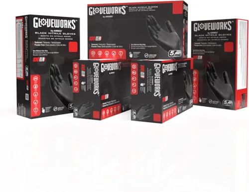 Vista 11 de GLOVEWORKS Guantes negros de nitrilo desechables de 5 mil, sin látex, agarre texturizado para servicio de alimentos, cocina, limpieza profesional