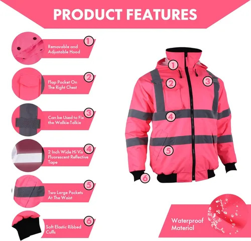 Vista 3 de Chaqueta reflectante de alta visibilidad para mujer, impermeable, seguridad ANSI, abrigo de bombardero de invierno, sudadera con capucha Hi Vis