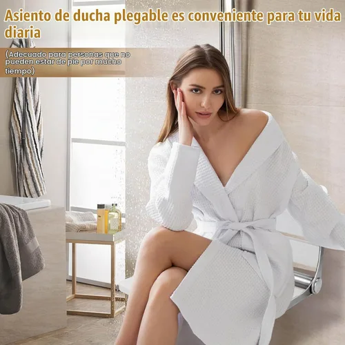 Vista 2 de Asiento de ducha plegable de teca montado en la pared, banco de ducha plegable de 16 pulgadas, carga máxima de 400 libras, diseño plegable que Blanco
