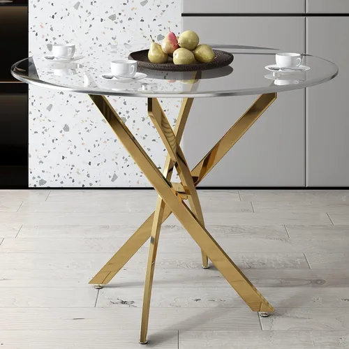 Vista 4 de Mesas de comedor redondas de 36 pulgadas, mesa de comedor moderna de cocina con base de metal cromado dorado, mesas de comedor redondas de vidrio
