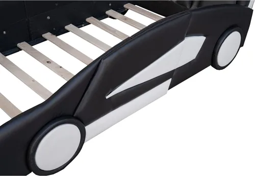 Vista 7 de Cama de plataforma en forma de auto de carreras de tamaño individual con ruedas, marco de cama de plataforma de madera con dos asientos y soporte