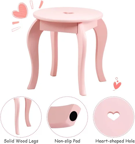Vista 5 de INFANS Juego de mesa y silla de tocador de princesa de madera 2 en 1, mesa de maquillaje para niños con espejo real desmontable, cajón grande, juego