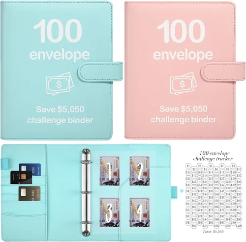 Vista 14 de Carpeta de Desafío de Dinero con 100 Sobres y Rastreador Laminado, Carpeta de Presupuesto con Sobres de Efectivo, Libro de Ahorros con Cremallera