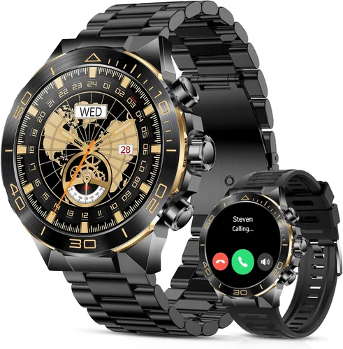 Vista 11 de SOUYIE Reloj inteligente para hombre con llamada Bluetooth, esfera redonda AMOLED de 1.43 pulgadas, bandas de acero inoxidable y silicona de lujo