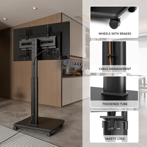Vista 6 de AX WABER - Soporte de TV universal para piso, soporte de TV móvil con ruedas, rotación de 80 grados, altura ajustable para LCD LED OLED de 27 a 65