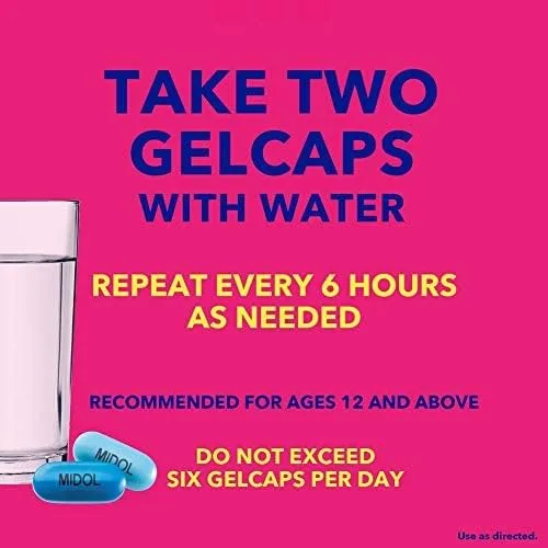 Vista 3 de Midol Cápsulas de gel completas para aliviar el dolor menstrual con acetaminofeno para aliviar los síntomas menstruales, 24