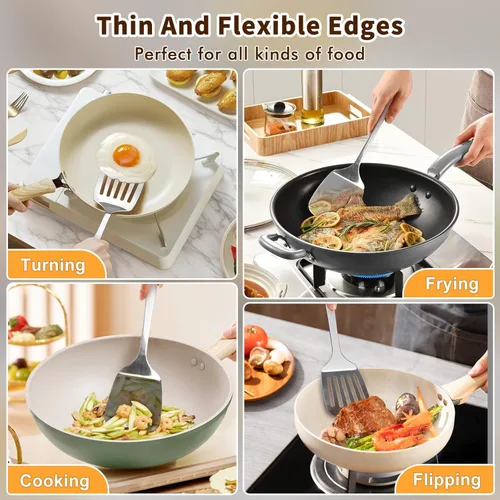 Vista 7 de 2 piezas de juego de espátulas de acero inoxidable, espátula de metal sólida y volteadora con ranuras, espátula resistente y robusta