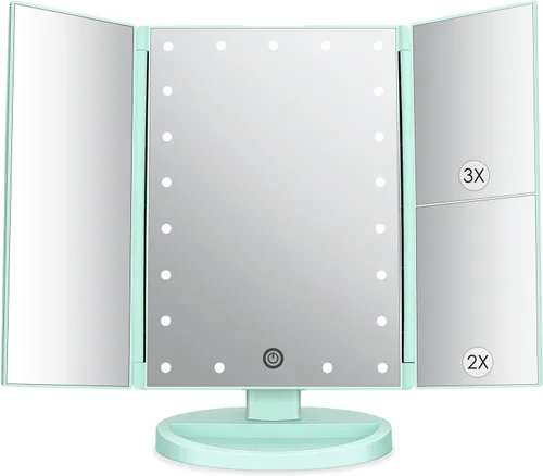 Vista 13 de deweisn Espejo de tocador iluminado de tres pliegues con 21 luces LED, pantalla táctil y aumento 3X/2X/1X, dos modos de fuente de alimentación