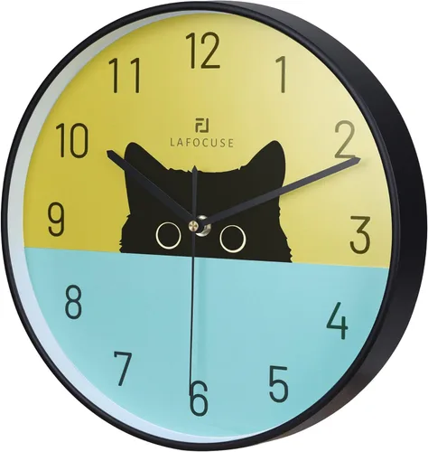 Vista 5 de Lafocuse Reloj de pared de 12 pulgadas, silencioso, con forma de gato, funciona con pilas, analógico, en color negro, para habitación de niñas