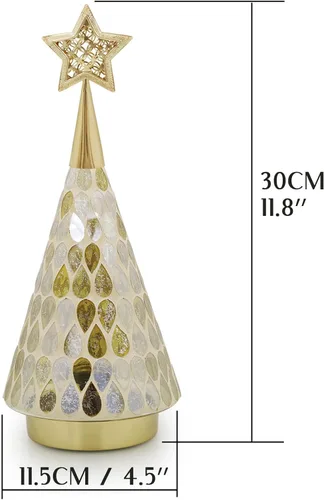 Vista 7 de Árbol de Navidad dorado de vidrio con mosaico con estrella, 2 árboles de Navidad pequeños de mesa con luz, árbol de Navidad a pilas para decoración