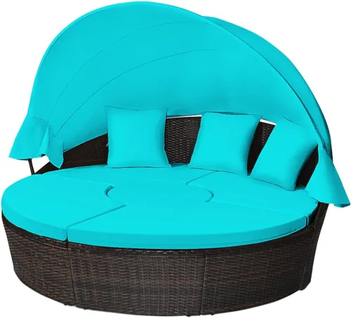 Vista 11 de RELAX4LIFE Sofá cama redondo para exteriores con toldo, juego de sofá modular de mimbre de ratán con cojines, mesa ajustable en altura, tumbona