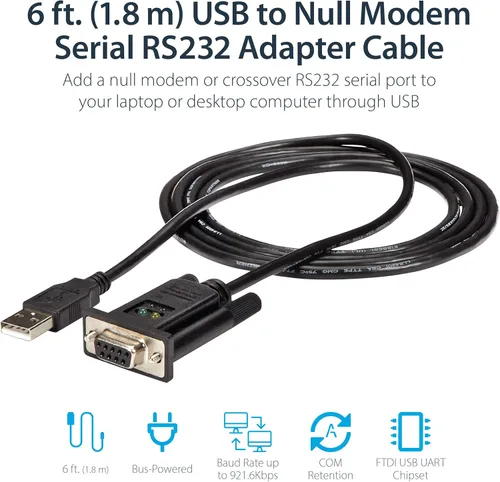 Vista 2 de StarTech.com Adaptador USB a Serial RS232 de 1 puerto de 6 pies (5.9 ft), cable adaptador FTDI DB9 Serial DCE, módem nulo, USB 2.0 - TAA