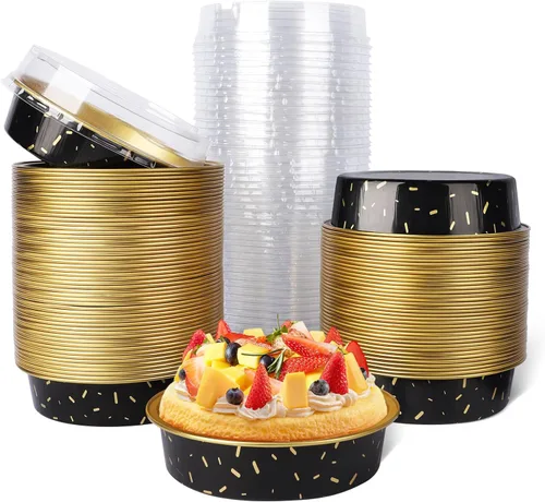 Vista 54 de Beasea Paquete de 20 Moldes para Cheesecake con Tapas, 8 Oz, 4 Pulgadas Moldes Redondos de Papel de Aluminio para Tartas, Contenedor para Muffins