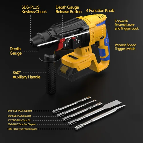 Vista 9 de Taladro de Martillo Giratorio Inalámbrico SDS Compatible con Batería Dewalt 20V (SIN Batería) Motor Sin Escobillas, Embrague de Seguridad, 4
