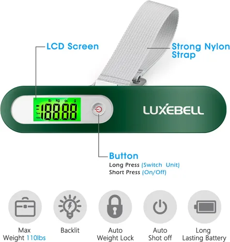 Vista 2 de Báscula digital de equipaje de regalo para maleta de viajero, báscula de peso de mano, 110 libras (verde)