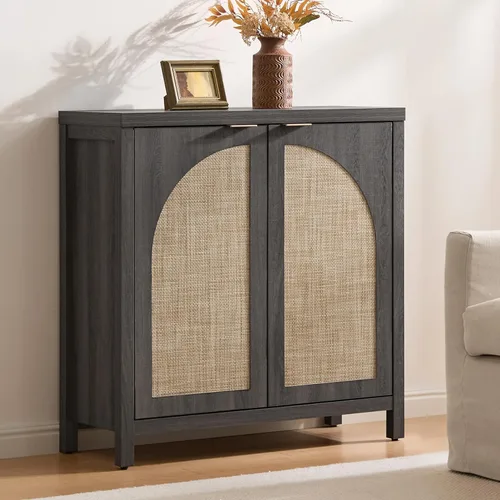 SICOTAS - Aparador de buffet con almacenamiento de ratán, gabinete de credenza moderno con puertas de arco y estantes ajustables, gabinetes de