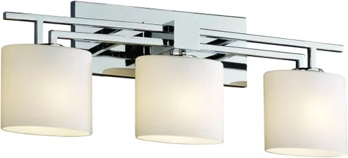 Justice Design Group Fusion - Barra de baño de 3 luces, acabado cromado pulido con pantalla de vidrio artesanal de ópalo cepillado níquel