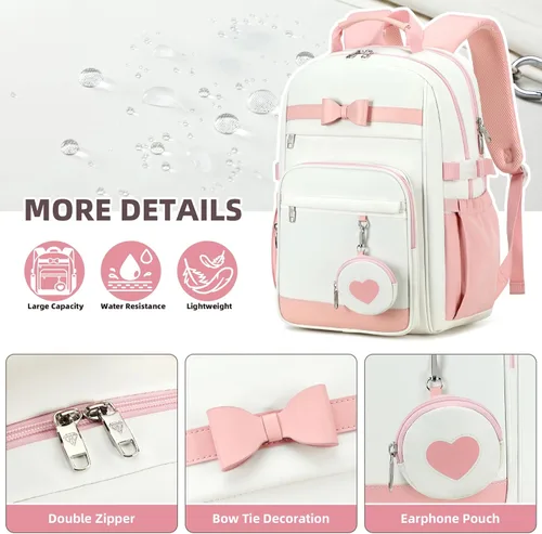 Vista 4 de Mochila para laptop para mujer, 4 piezas, mochilas escolares con lonchera, estuche para lápices, bolsa de bolsillo para niñas y adolescentes, Beige