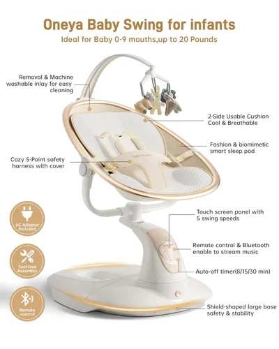 Vista 2 de Columpio de bebé para bebés a niños pequeños, columpio eléctrico para bebé con base resistente en forma de escudo, rotación de 180° columpio