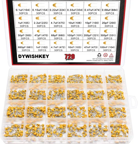 DYWISHKEY 24Value - Juego de condensadores de chip de cerámica multicapa monolíticos DIP, 720 unidades, 0.1uF-100nF juego de condensadores de