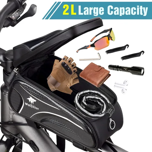 Vista 3 de WOLFILIST Bolsa de bicicleta - Bolsa impermeable para marco de bicicleta con cubierta de lluvia para visera solar, soporte para teléfono