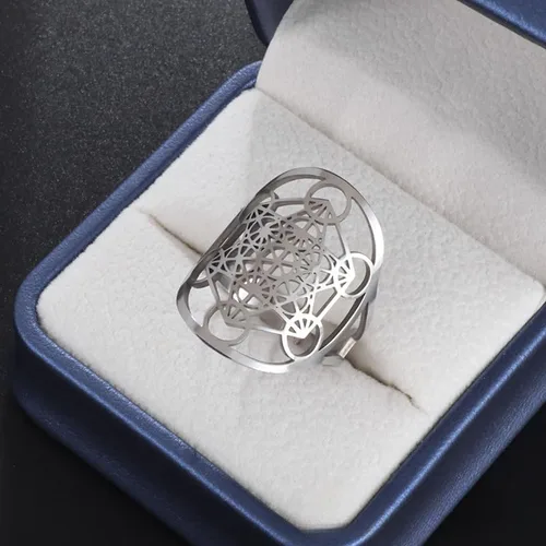 Vista 4 de Metatron - Anillo de cubo con sello de ángel, arcángel, metatrón, cubo, declaración de protección, ahuecado, para mujer, de acero inoxidable, anillo