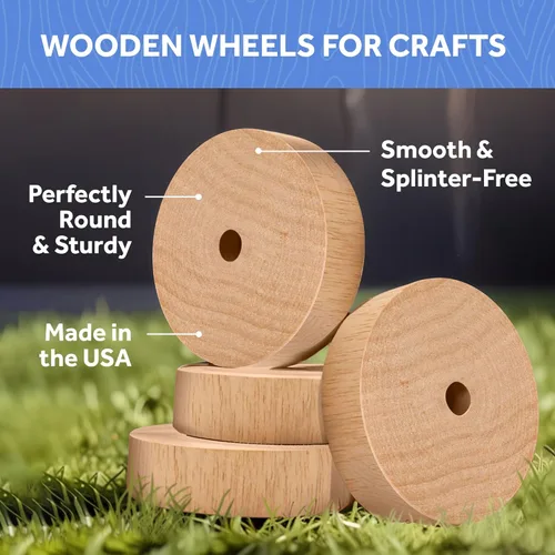 Vista 11 de Ruedas de madera maciza de 1 pulgada de diámetro para manualidades, agujero de 1/4 de pulgada, grosor de 3/8 de pulgada, paquete de 12 mini ruedas