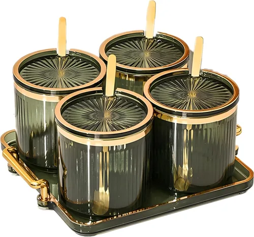 Vista 14 de Frascos Acrílicos para Condimentos y Especias, Caja de Condimentos y Especias con Tapas y Cucharas y Bandeja, Recipientes de Plástico Transparente