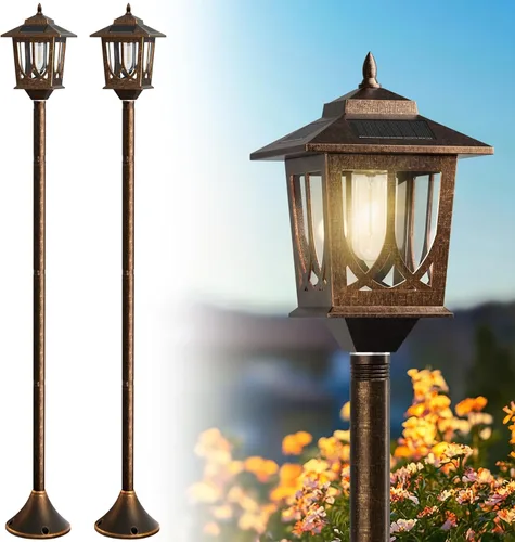 Vista 10 de Paquete de 2 postes de luz solar de 63 pulgadas, postes de luz solar para exteriores, impermeables, lámparas para exteriores, patio, decoración
