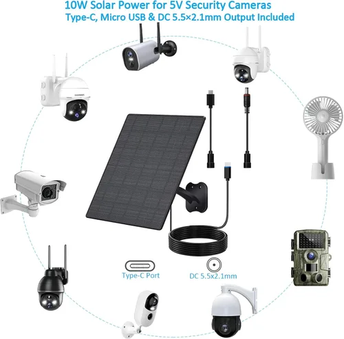 Vista 6 de Panel solar de 10 W para cámaras de seguridad, panel solar de cámara exterior de 5 V con cable USB-C, CC 0.217 x 0.083 in y puerto micro USB
